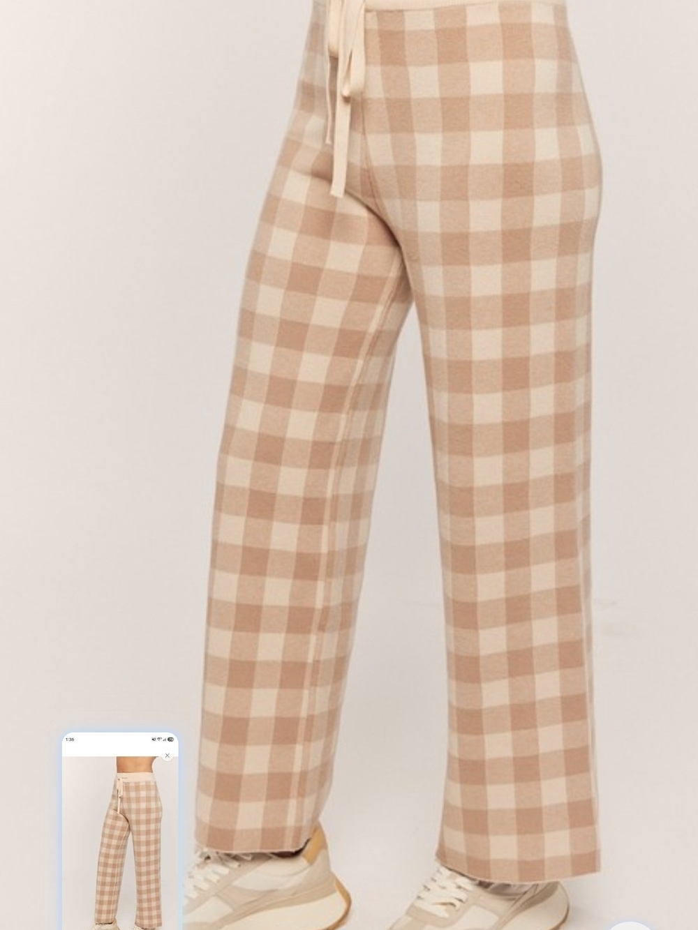 Beige Plaid Wide-Leg Knit Pants - Women - Picture 3 of 7